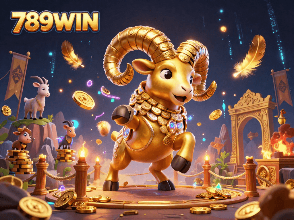 Experience the excitement of 789WIN with a golden ram charging towards a lavish casino scene.