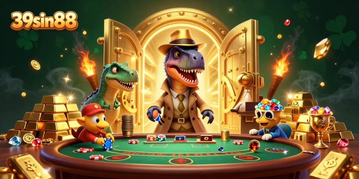 39sin88 velociraptor card counter sneaks at blackjack table amidst treasure in vibrant casino