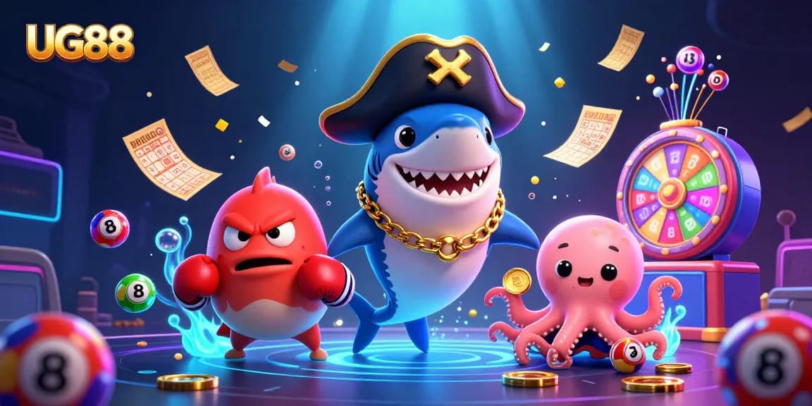 Win big at UG88 with a vibrant 3D casino scene featuring playful characters and lottery excitement.