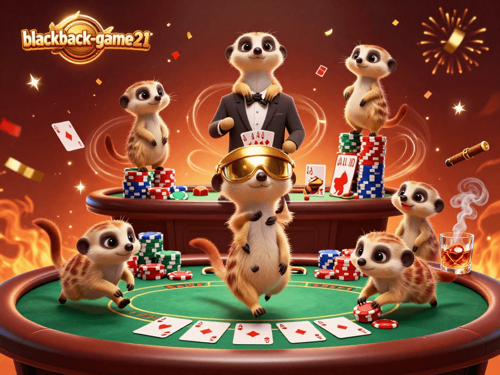 Experience the excitement of blackjack-game21 in a lively casino scene with meerkats and poker elements.