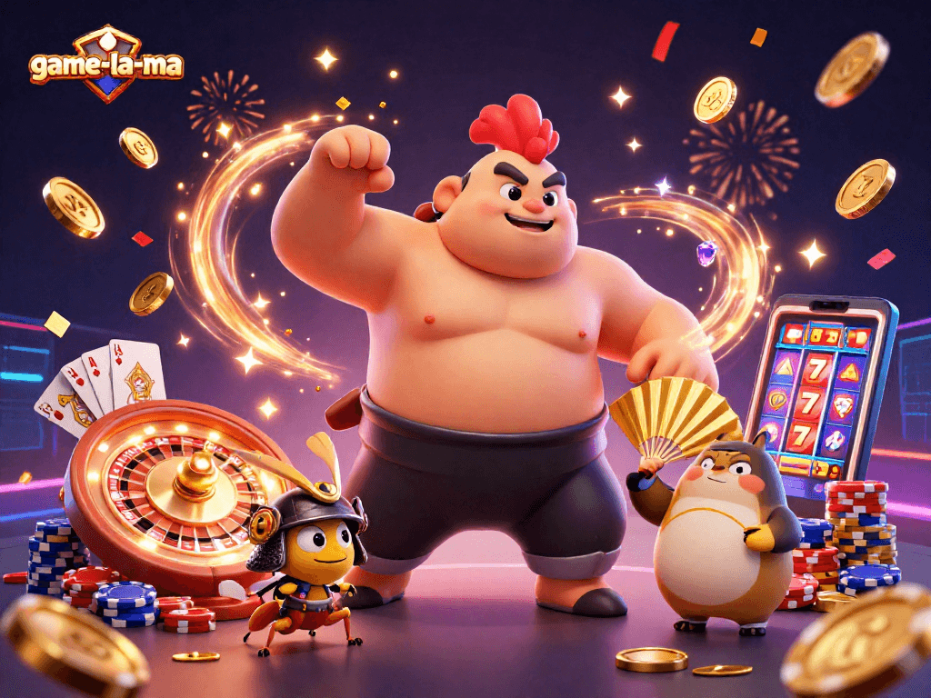 Experience excitement at game-la-ma with a powerful rooster sumo wrestler and dazzling casino elements.