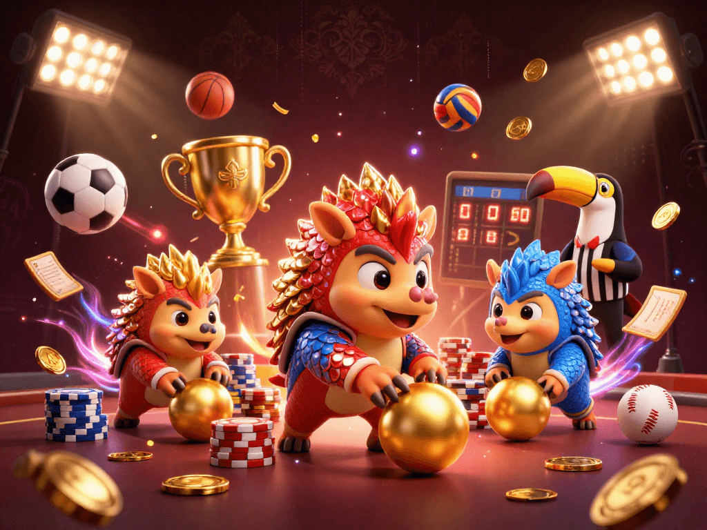 Experience the excitement of o8 with rival pangolins bowling through poker chips in a dynamic casino scene.