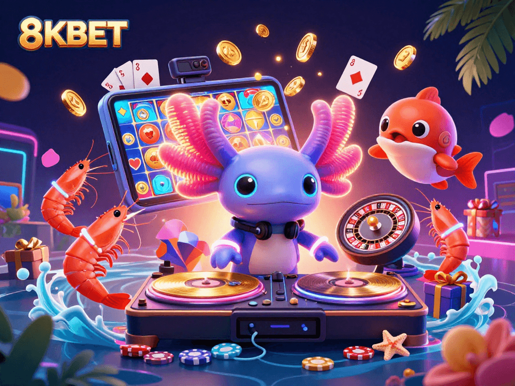 Engaging 3D illustration showcasing 8KBET's vibrant casino experience with dynamic characters and exciting gaming elements.