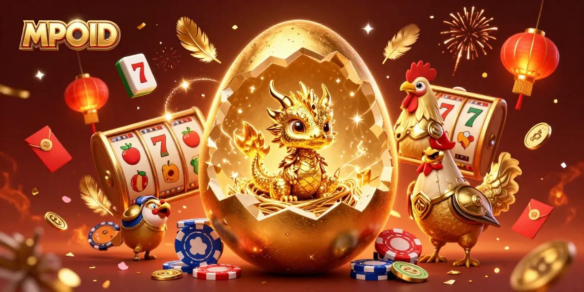 MPOID enhances the gaming experience with a vibrant 3D illustration of gold dragon treasures and slot machines.