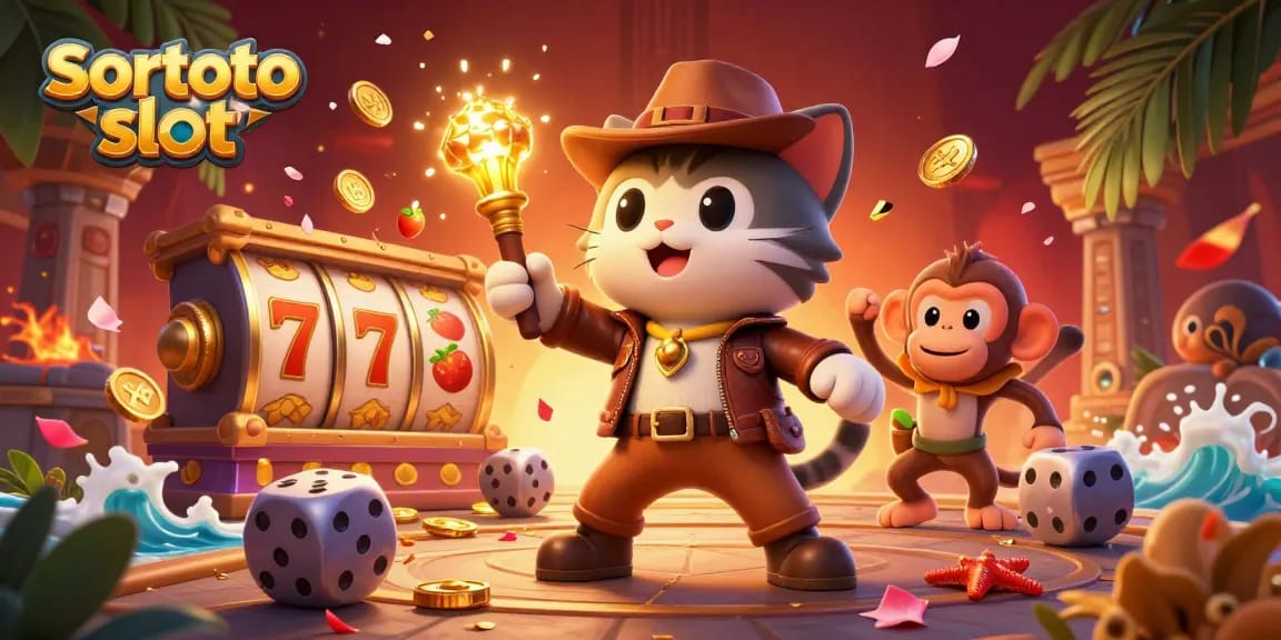 Experience the thrill of sortoto slot with captivating visuals of a cat discovering a golden casino artifact.