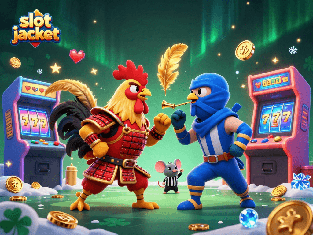 Menangkan slot jackpot dengan karakter ayam bertarung berwarna-warni dalam ilustrasi kasino yang kaya detail.