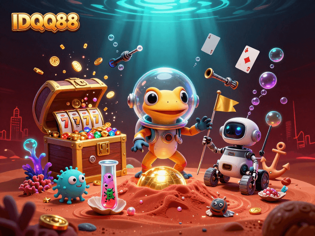 Engage with IDQQ88 in a vibrant casino adventure featuring a Martian gecko and winning treasures.