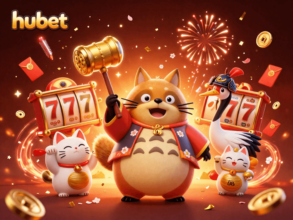 Experience winning with hubet as a cheerful tanuki brings luck with a golden mallet in a vibrant casino scene.