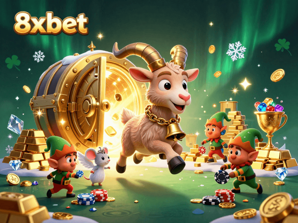 Spin the reels at 8xbet's lively casino, featuring a whimsical Krampus goat and mischievous elf gremlins.