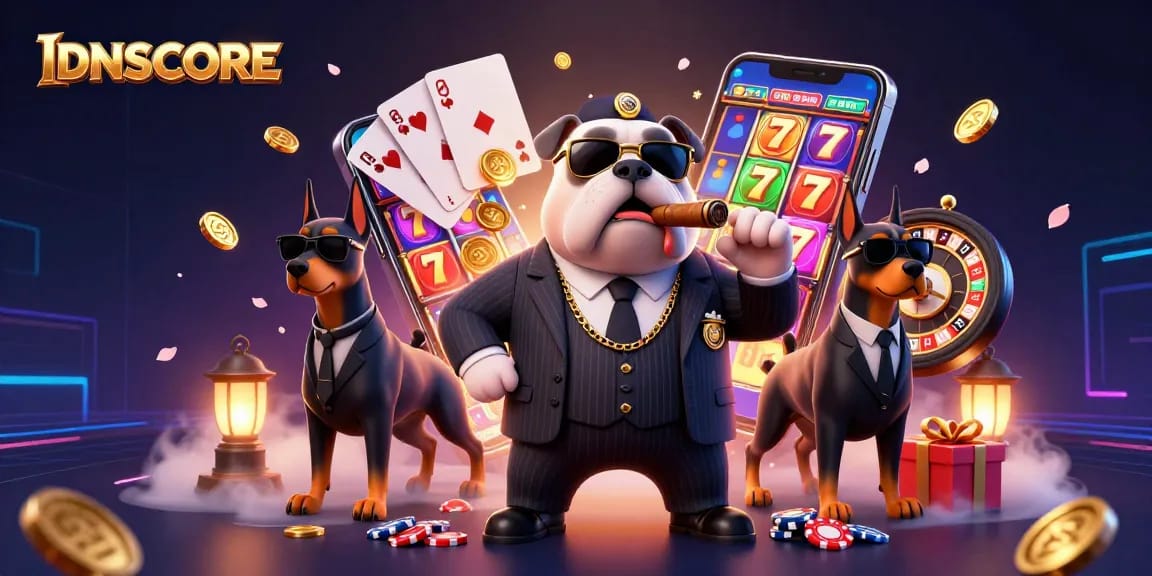 IDNSCORE showcases a captivating scene of a mafia bulldog and bodyguards amidst dynamic slot game excitement.