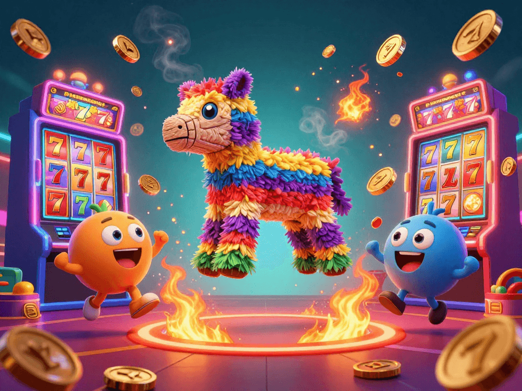 Engage with pinatawinsslot as vibrant 3D characters celebrate a jackpot in a lively casino atmosphere.