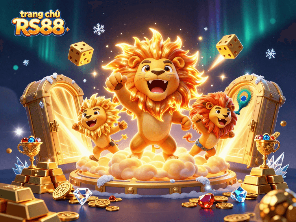Experience vibrant gaming with trang chủ RS88 as the lion roars on golden platforms surrounded by dazzling treasures.