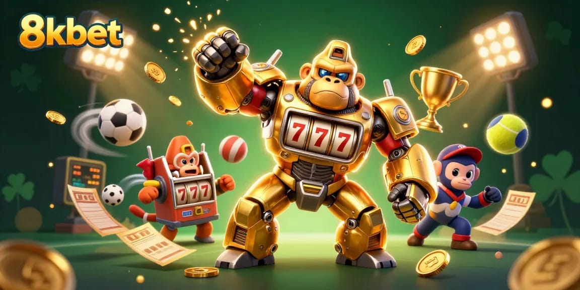Experience thrilling action at 8kbet with an explosive scene of a golden gorilla mech and dynamic sports elements.