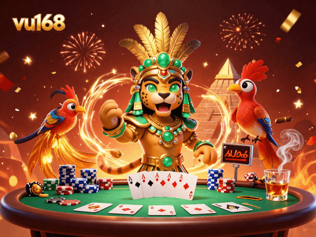 Win big with vu168 at a vibrant, packed casino scene featuring Mayan priest and quetzal bird.