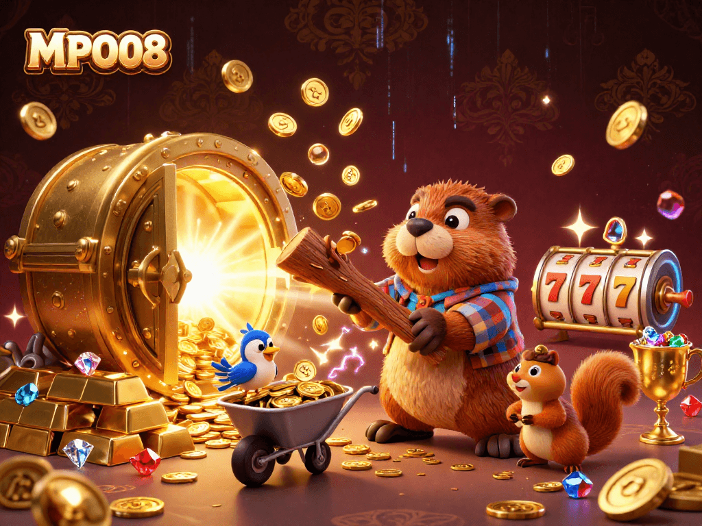 Experience seamless gaming interaction with MPO08's vibrant 3D digital scene featuring engaging characters and casino elements.