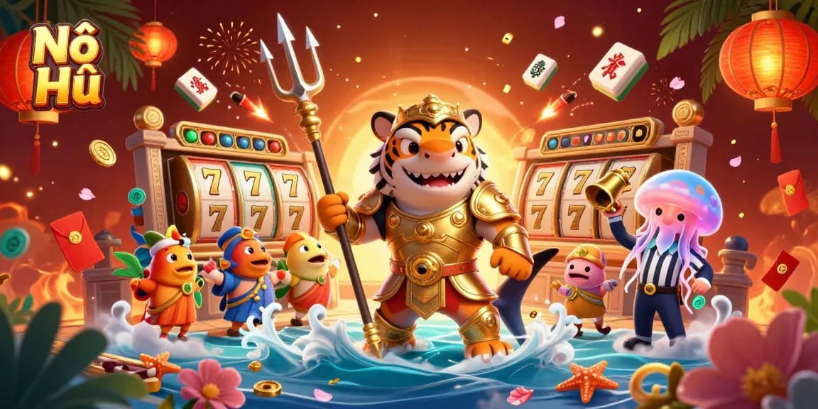 Nổ Hũ slot scene with a tiger shark in armor, spinning jade coins, and festive elements.