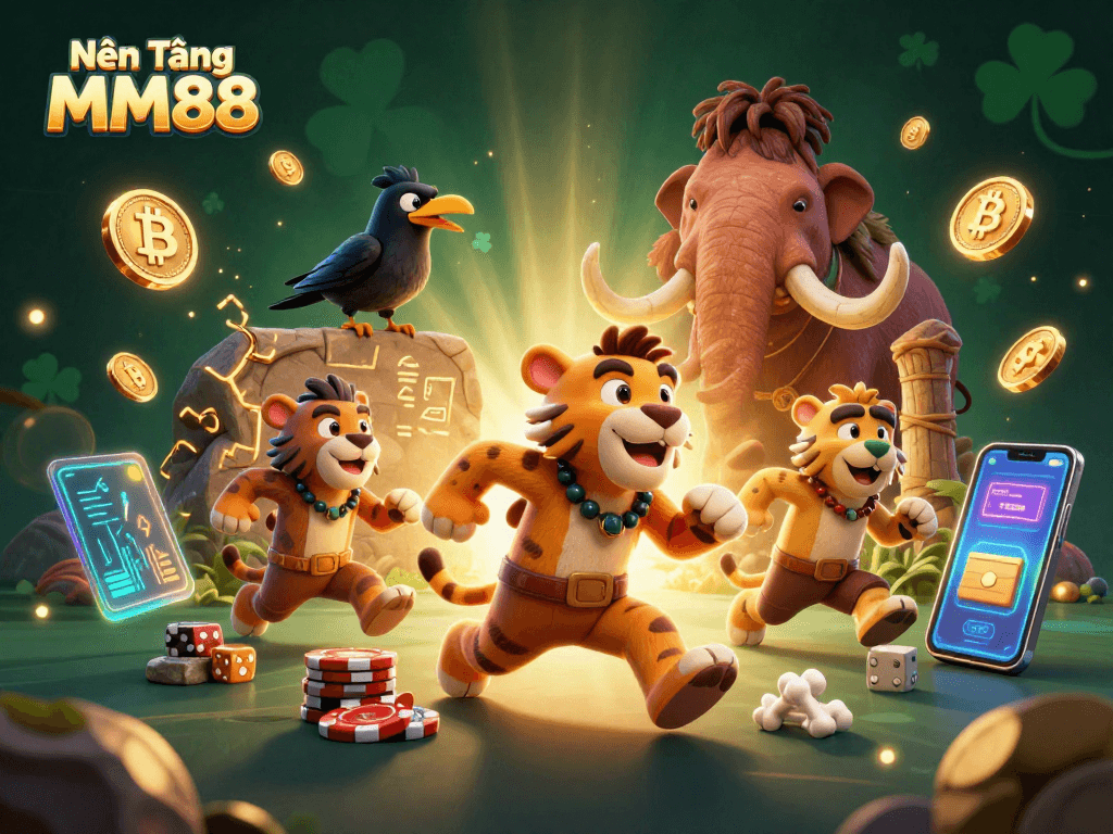 Nền Tảng MM88 showcases a vibrant cartoon casino with caveman characters, poker chips, and glowing cryptocurrency tokens.