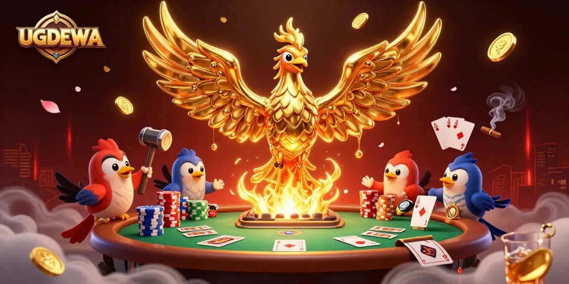 Engage with the thrilling poker scene featuring UGDEWA's molten metal phoenix and vibrant game elements.