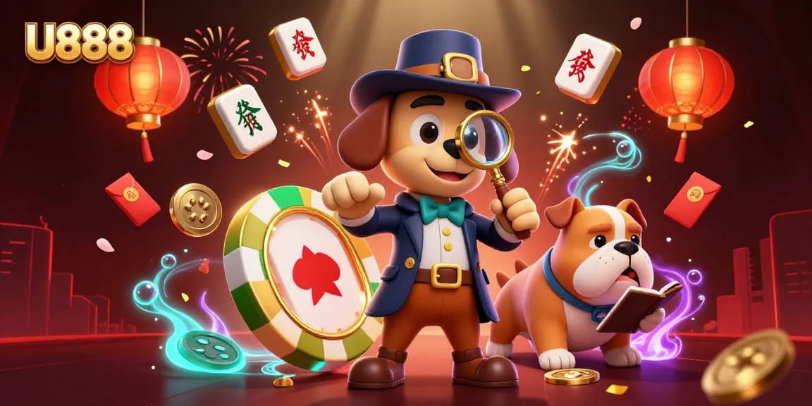 U888 reveals winning poker strategies through a detective dog and bulldog illustration.