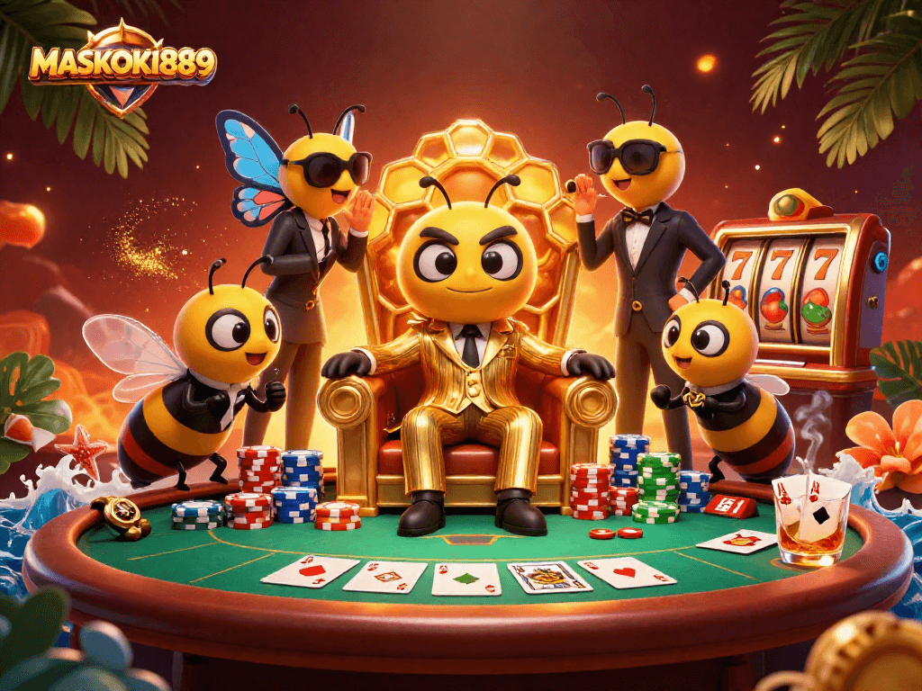 Engage in exciting poker action at MASKOKI889 with vibrant characters and rich game elements.