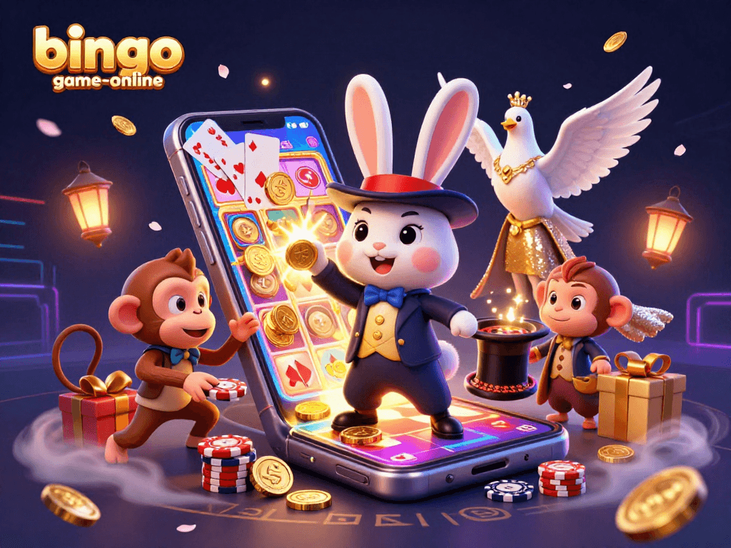Experience thrilling moments with bingo-game-online, featuring an energetic magician rabbit and casino elements.