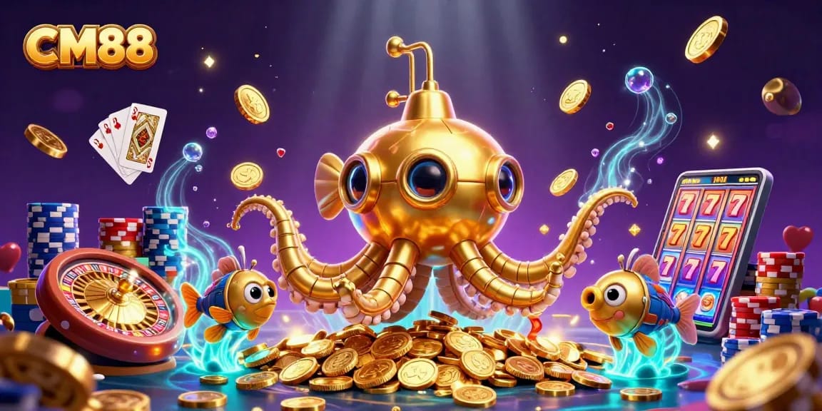 Experience the thrill of CM88 as the golden kraken submarine bursts through a treasure trove of coins.