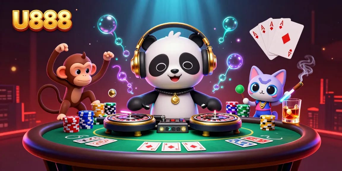 U888 players enjoy a vibrant casino scene with a DJ panda and a dancing monkey showcasing exhilarating gaming action.