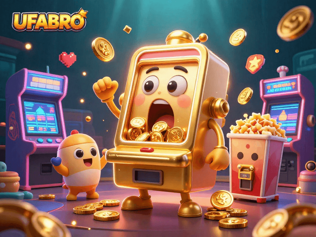 UFABRO showcases a cartoon slot machine celebrating its jackpot, surrounded by cheerful game elements.