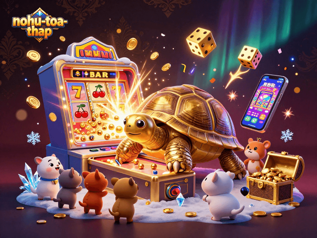 Nohu-toa-thap showcases a vibrant jackpot scene with a golden tortoise and animated gaming elements.