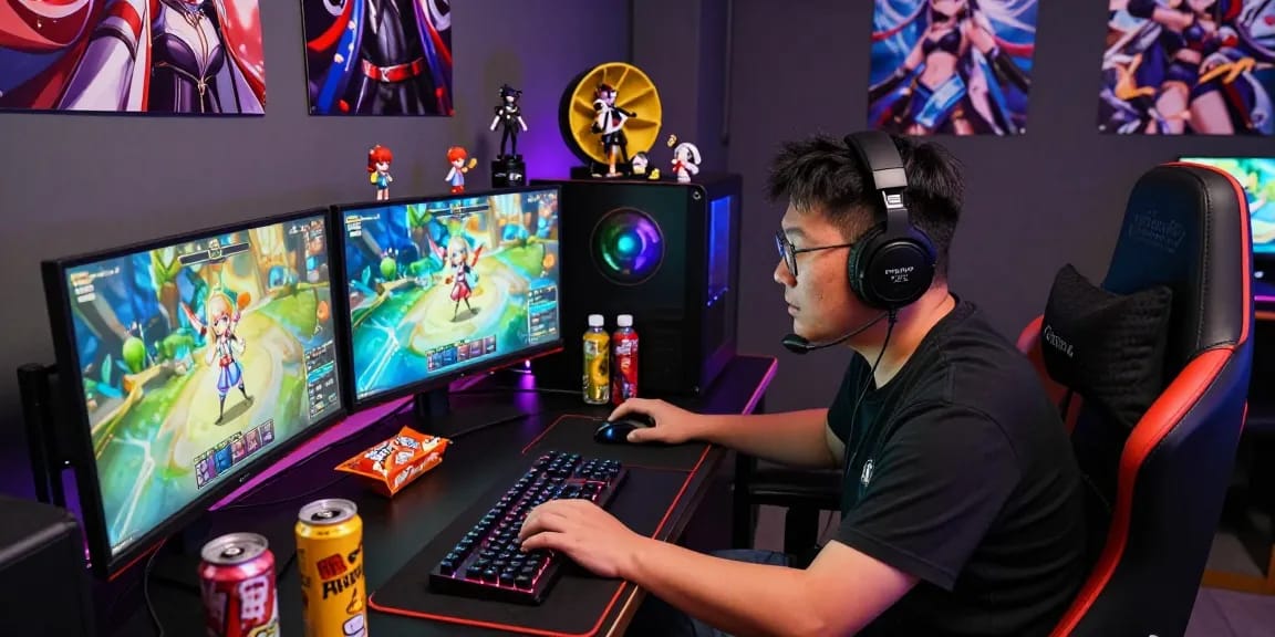 Gamer engaged with gacha168 game on multi-monitor setup surrounded by collectibles and snacks