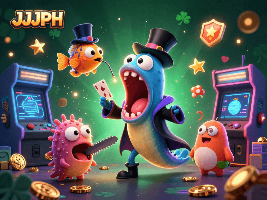 Nagpapakita ng JJJPH na eel na nag maagaw ng atensyon sa mga card tricks habang sinusuportahan ng anglerfish at sea cucumber sa isang makulay na casino scene.