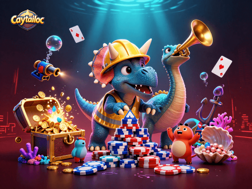 Engage with caytailoc's vibrant gaming scene featuring animated characters celebrating a jackpot.