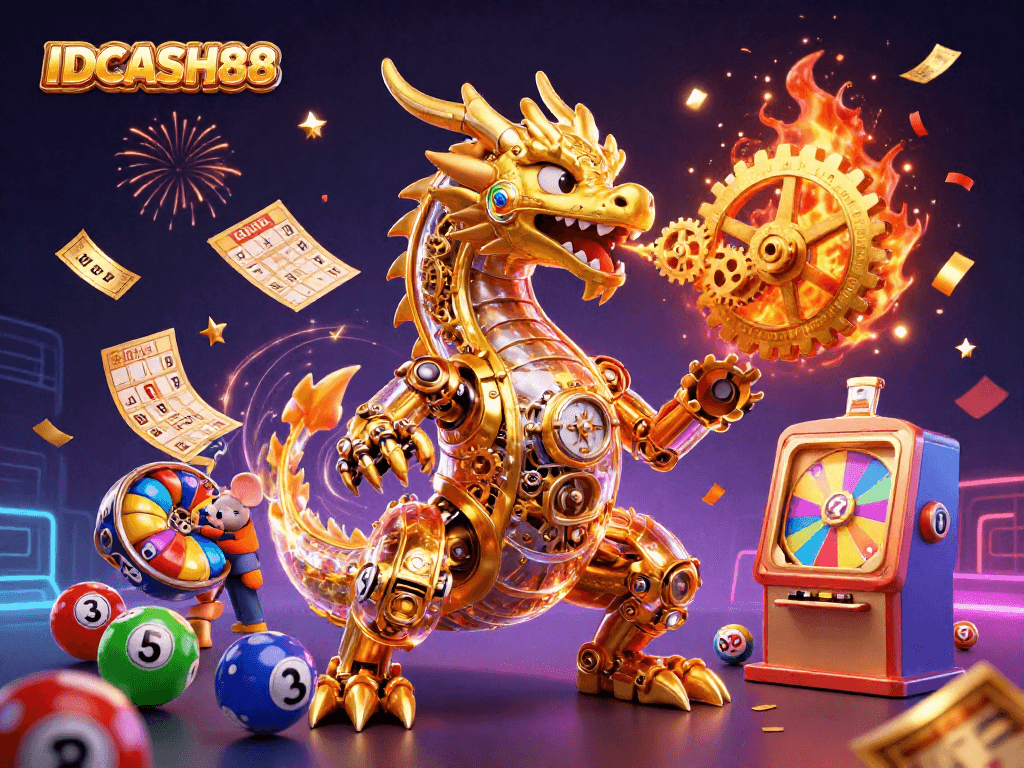 Celebrate wins with IDCASH88 in a vibrant casino scene featuring a golden dragon and lottery elements.