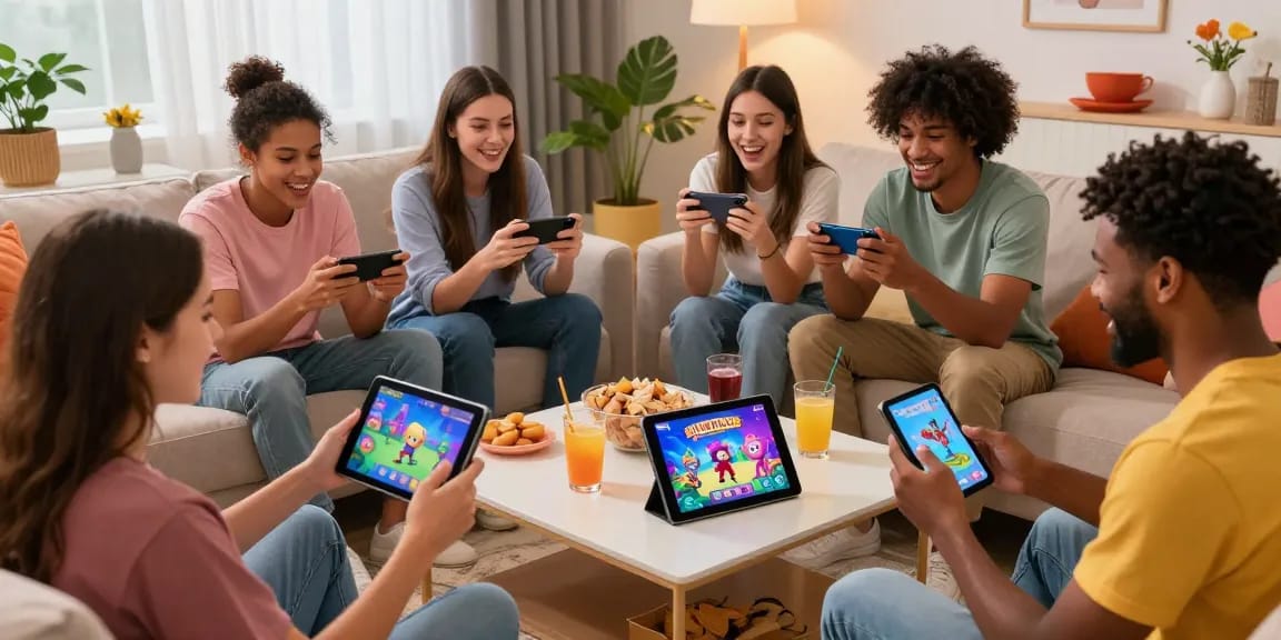 Group playing free mobile porn games on devices in a cozy living room