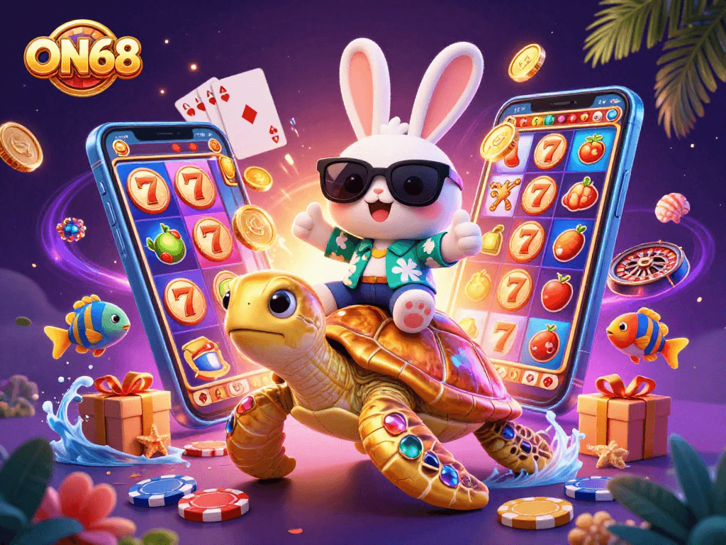 Spin to win at ON68 with a lucky rabbit and golden sea turtle amidst vibrant casino elements.