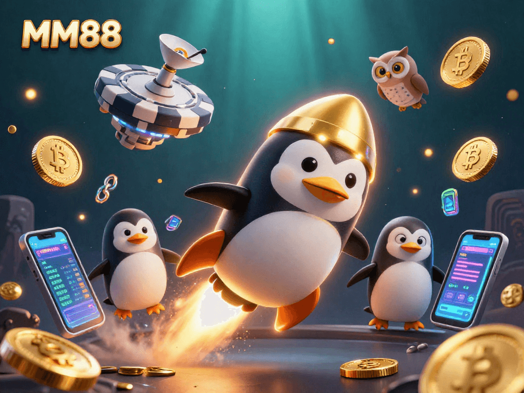 Engage with MM88's thrilling casino experience with an adventurous penguin exploring a cosmic casino scene.