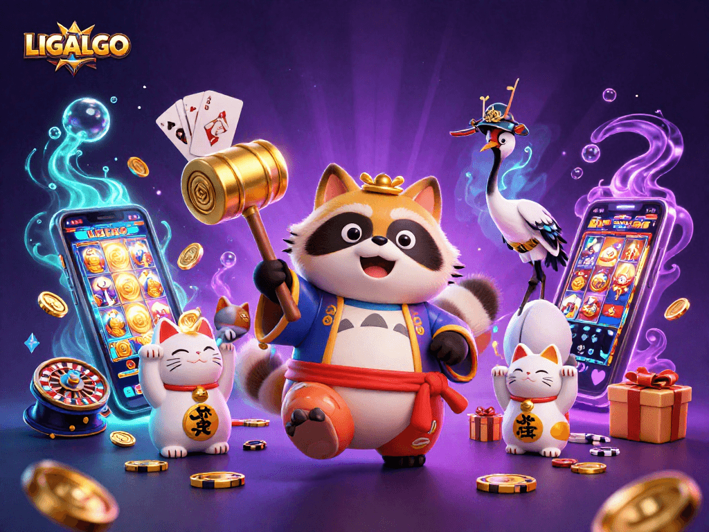 LIGALGO brings good fortune with a cheerful tanuki and vibrant slot game elements