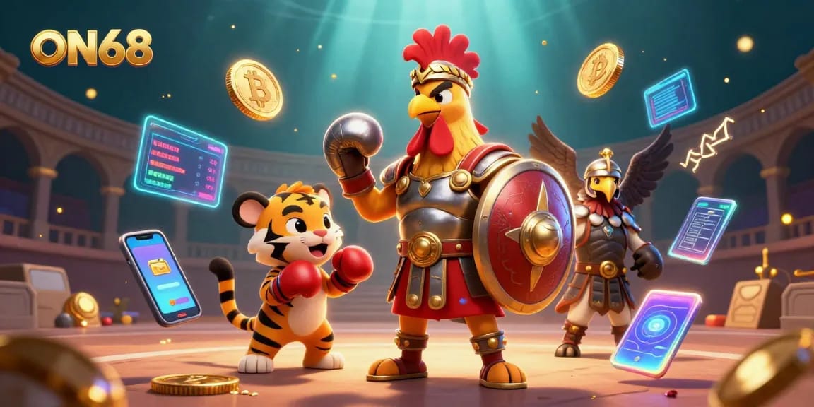 Engage with ON68's thrilling betting world featuring a gladiator rooster and boxing cub.
