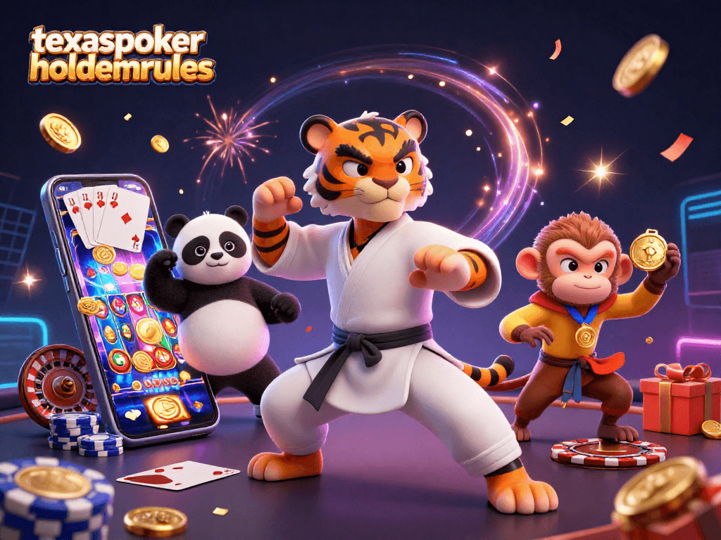 Experience the excitement of gaming with texaspokerholdemrules as the kung fu tiger shows off poker strategies amid vibrant casino elements.