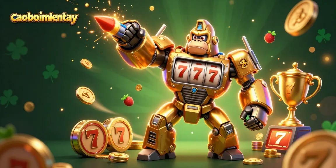 A stunning caoboimientay illustration featuring a golden gorilla mech made of slot machine parts with dynamic gambling elements.