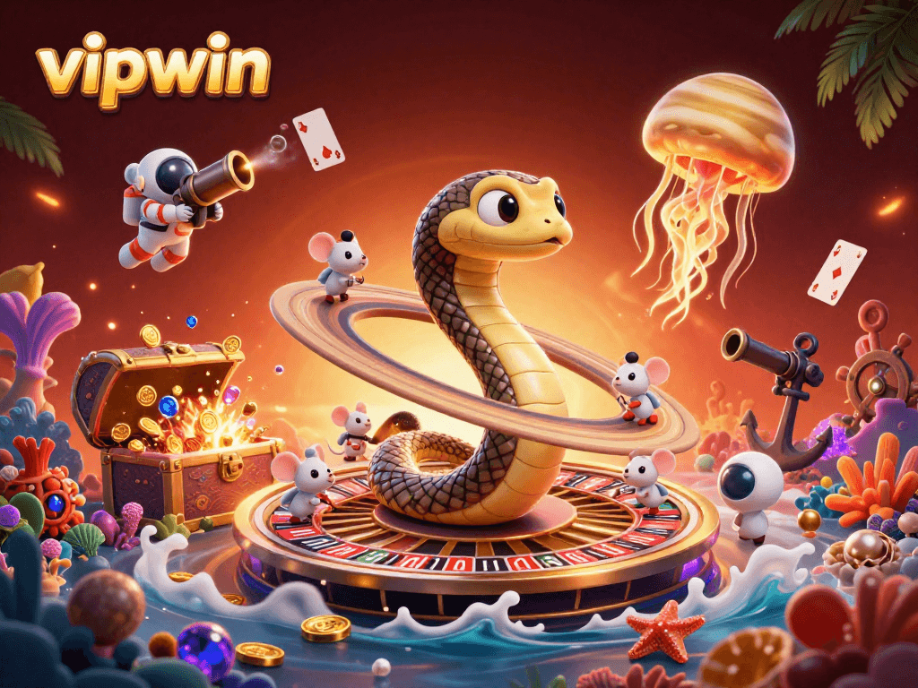 Engage with vipwin's thrilling casino scene featuring a snake roulette and cosmic dealer.