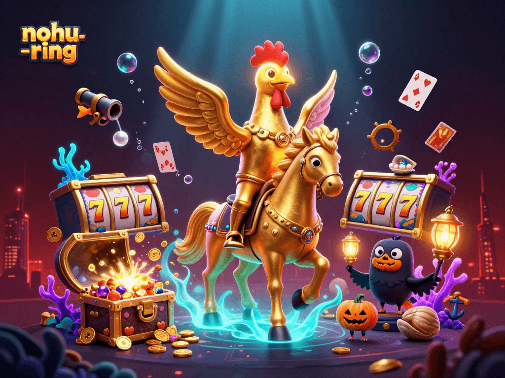 Experience the thrilling nohu-ring action with golden rooster and jackpot elements amidst a vibrant casino scene.