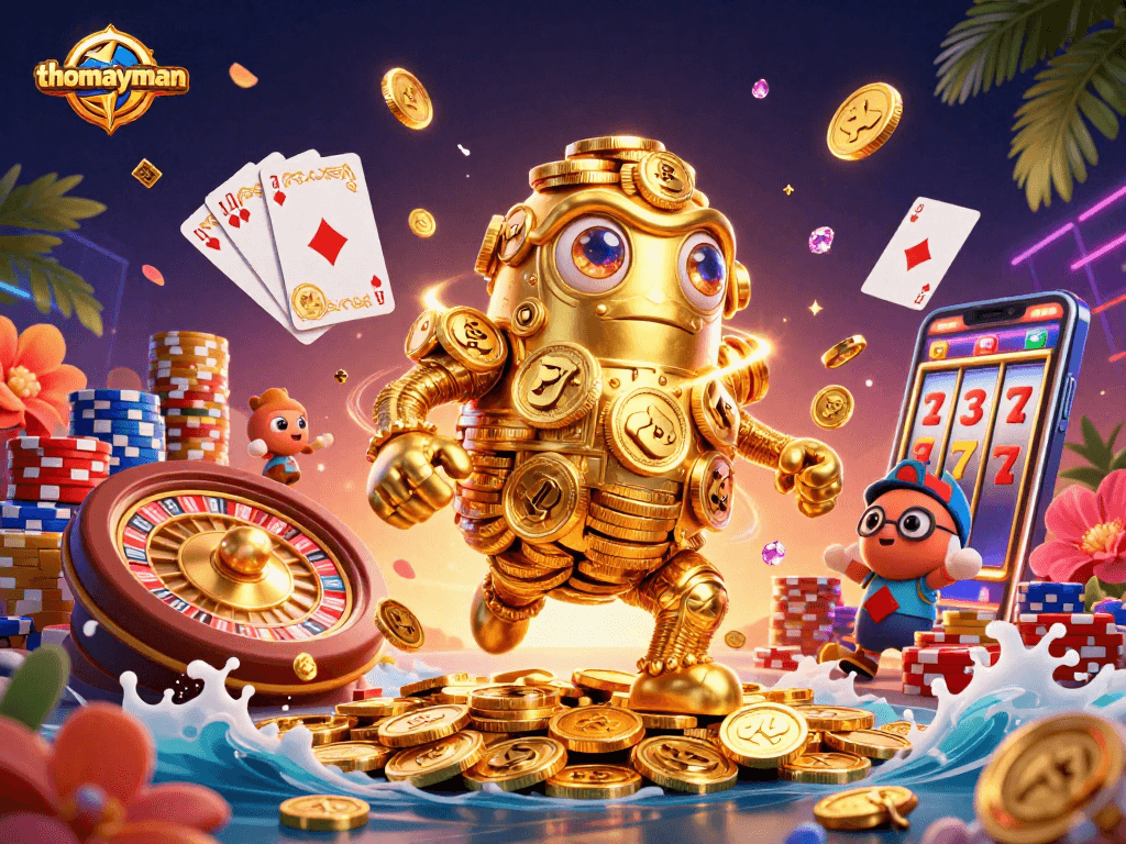 Spin and win with thomayman in an ultra-detailed 3D casino illustration showcasing vibrant game elements.