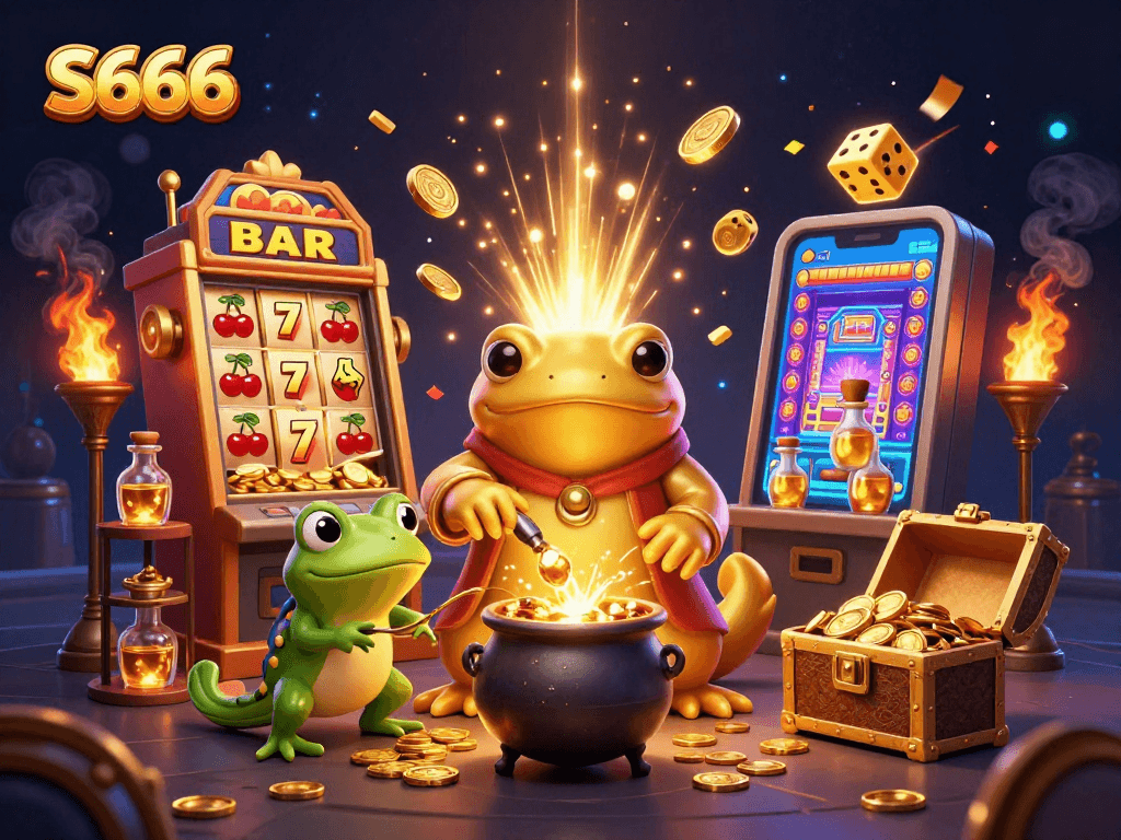 S666 creates excitement with a giant golden salamander and slot machines bursting with gold coins.