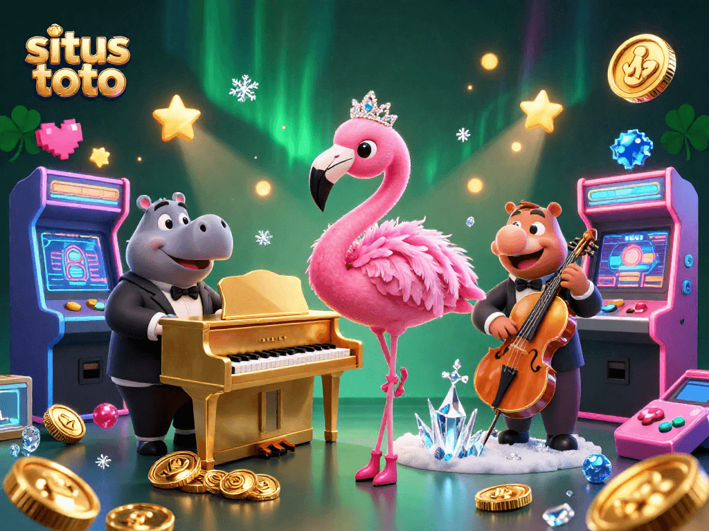 Permainan kasino situs toto menghadirkan penyanyi flamingo berkilau dan hippo bassist di adegan yang dinamis.