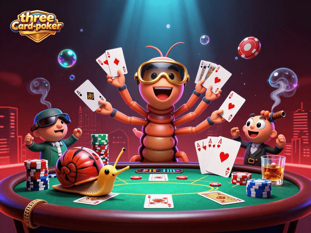 Engage in three-card-poker with vibrant poker chips and cards in an exciting casino scene.
