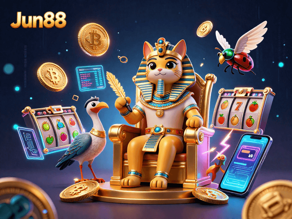 Experience thrilling gaming with Jun88's vibrant casino scene featuring a pharaoh cat and crypto elements.