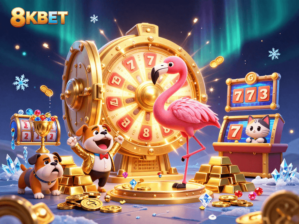 Experience the thrill of 8KBET in a vibrant casino scene with a flamingo host and a bulldog contestant.