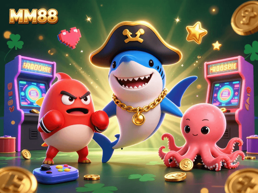 Engage with MM88's thrilling gaming atmosphere featuring a shark pirate and magical creatures.