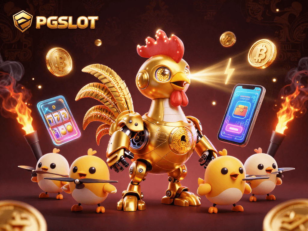 Spin to win with PGSLOT showcasing vibrant 3D illustrations of slots and cryptocurrencies.